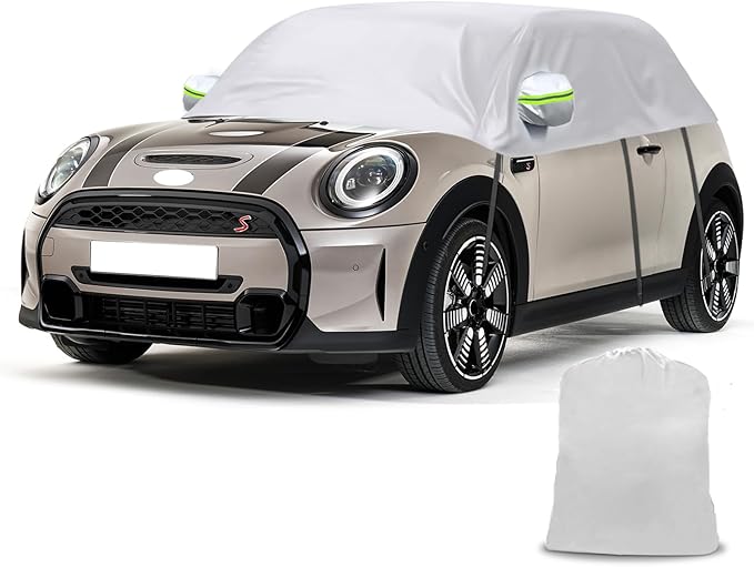 300D Silver Oxford Half Car Cover Compatible with 2000-2024 Mini Cooper/S/Hardtop 2 Dr, Protector Car Body Covers for Windproof Dustproof UV Resistant Protect Your Windshield and Roof