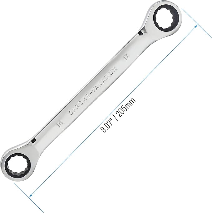 Double Box End Ratcheting Wrench 14mm x 17mm Metric 72 Teeth 12 Point Ratchet Gear Spanner Tools, Heat-Treated CR-V