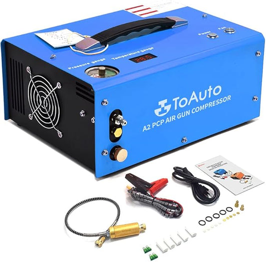 TOAUTO A2 PCP Air Compressor, Auto-Stop, Portable 4500Psi/30Mpa, Oil/Water-Free, 8MM Quick-Connector HPA Compressor for Paintball/PCP Air Rifle/Scuba Tank, Powered by Home 110V AC or 12V Car DC（Blue）