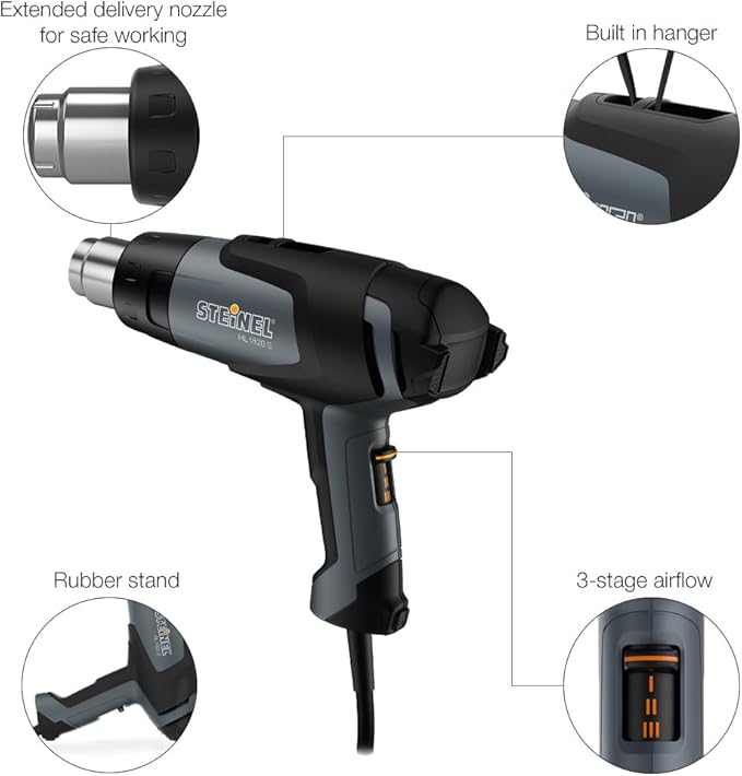 Steinel - 110025541 HL 1820 S Multi-Purpose Heat Gun, 1400 W, hot air Gun for Shrink Wrapping, Soldering Sleeves, Variable Temperature and Airflow, fits All 1.34" Industry Standard nozzles