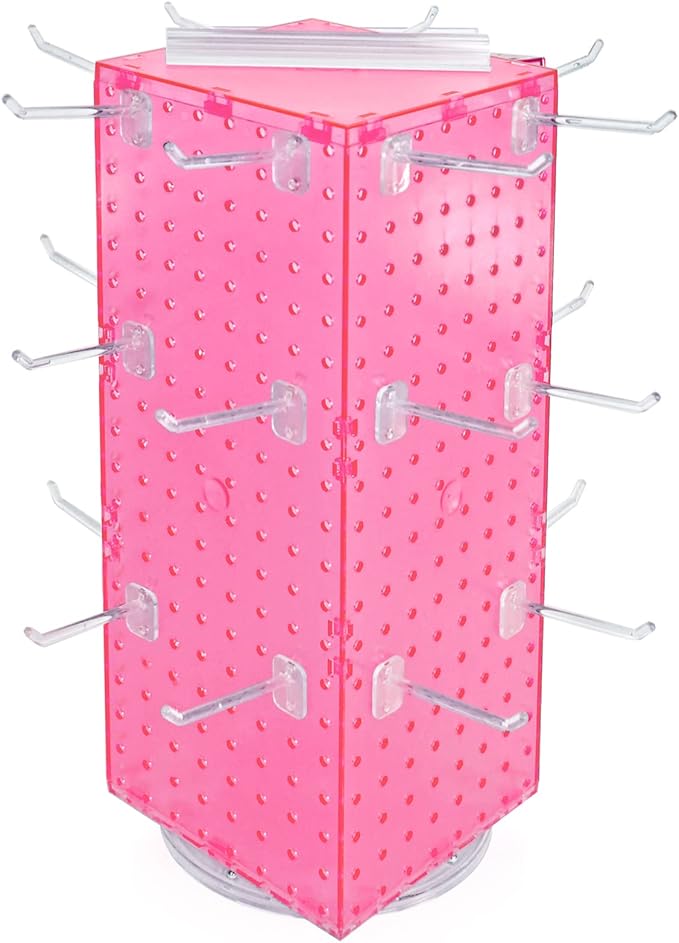Azar Displays 703385-PNK-4C24, Four-Sided Revolving 8"W x 20"H Pegboard Counter Display w/ 24 Hooks- 4” Length, Pink