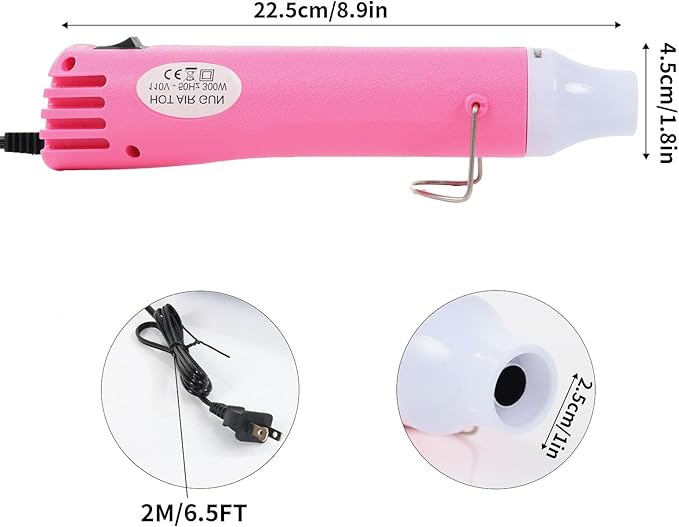 Heat Gun for Crafting, 110V 300W Handed Hot Air Gun, 3.28FT Ultra-Long Cable Portable Heat Gun with Stand and Power Cord for Shrinking Wrapping PVC, DIY Embossing and Drying Paint (Pink)