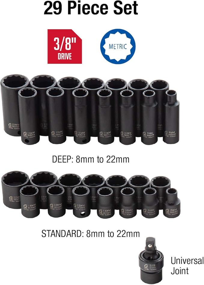 Sunex 2826 1/2-Inch Drive 12-Point Metric Impact Socket Set, 26-Piece and Sunex 3330, 3/8" Drive Master Impact Socket Set, 12 Pt., 29Piece, Metric, 8mm-22mm, Standard/Deep, Cr-Mo Steel, Heavy Duty Storage Case, Includes Universal Joint Bundle