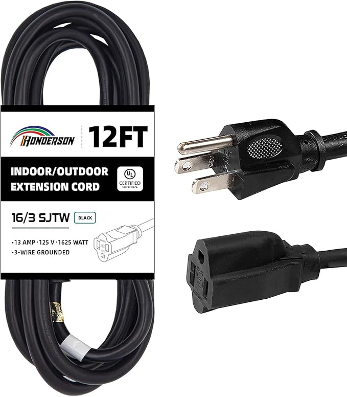 12FT 16/3 Outdoor Extension Cord - 16 Gauge 3 Prong SJTW Black Extension Cord for Christmas Lights with 3 Prong Grounded Plug for Safety, Great for Outdoor Decorations, UL Certified