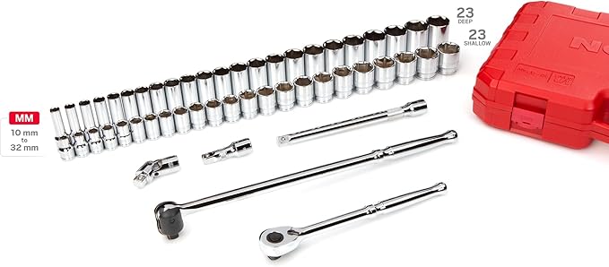 TEKTON 1/2 Inch Drive Shallow and Deep 6-Point Socket and Ratchet Set with Case, 51-Piece (10 - 32 mm) | SKT25201