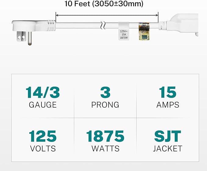 FIRMERST 1875W 10 Feet Extension Cord Heavy Duty Low Profile White 15A