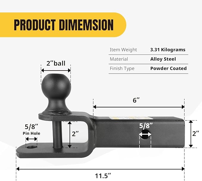 MaxxHaul 51172 3-in-1 ATV UTV Trailer Hitch Mount – 3,500 lbs GTW / 350 lbs TW – 2" Hitch Ball with Winch Strap Loop, 2" Shank, 1/4" Rise, Fits 2" Receiver