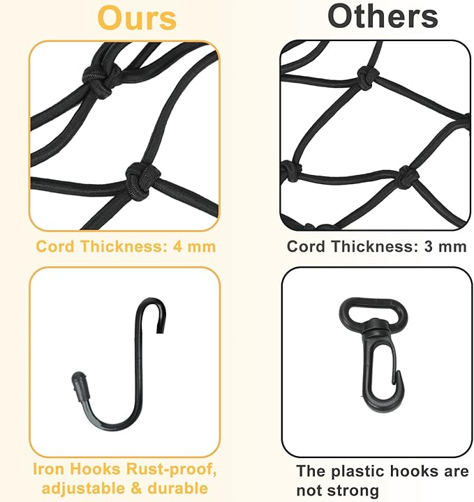 2-Pack Bungee Net Motorcycle Cargo Net, 12" x 12" Small Cargo Net Stretch to 24" with 6 Adjustable Hooks Bike Bungee Cord Net