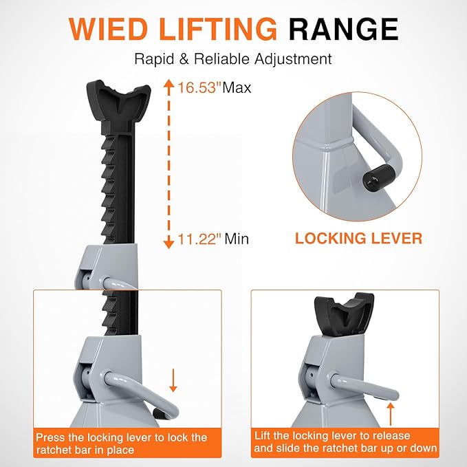 Nilight Jack Stands, 3 Ton (6,600 lbs) Capacity Heavy Duty Steel Car Lifting Stand, Adjustable Height 11.22" to 16.53", 1 Pair