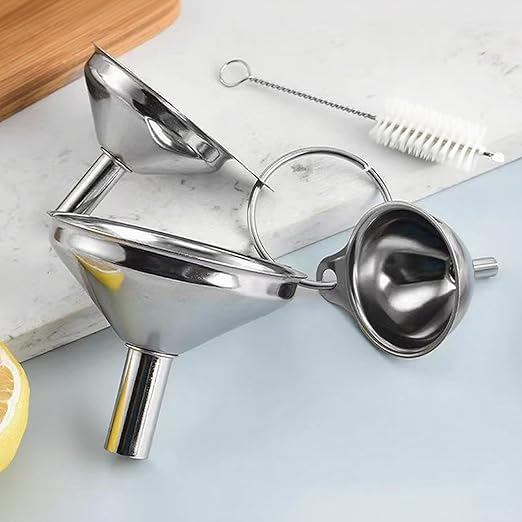 Silver Stainless Steel Funnels for Kitchen Use, Large Tiny Small Funnel Set of 3 with 2Pcs Cleaning Brush Set for Filling Bottles Oil Liquor Water Spice (Silver)