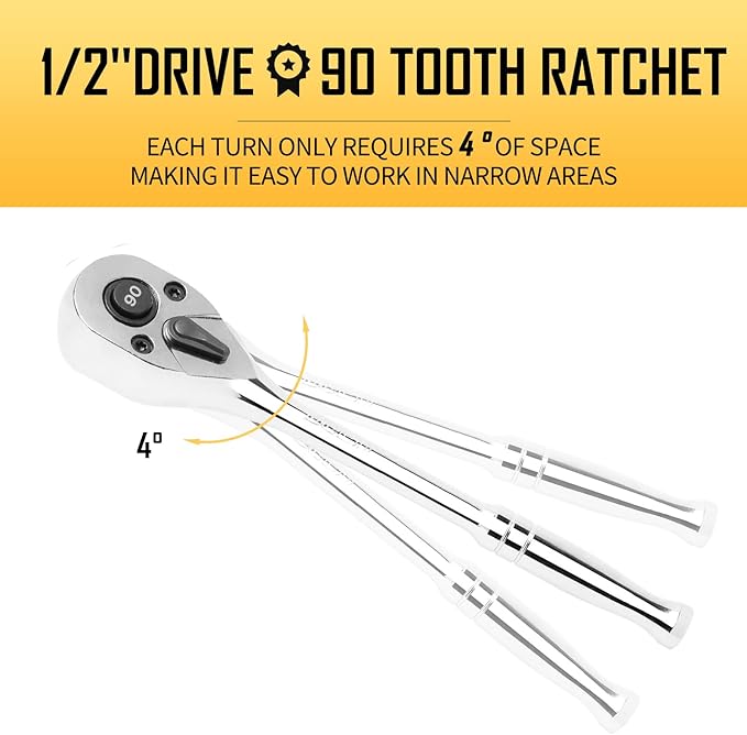 boen 1/2-Inch Drive Ratchet, 90-Tooth Quick-Release Ratchet Wrench, 4-Degree Swing, Reversible, Chrome Alloy Made, Full Polished