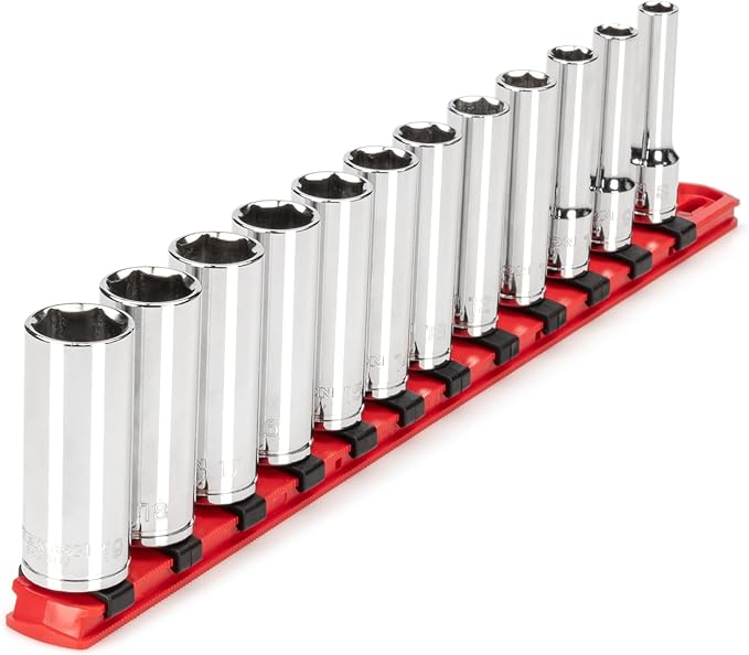 TEKTON 3/8 Inch Drive Deep 6-Point Socket Set with Rail, 12-Piece (8 - 19 mm) | SHD91106
