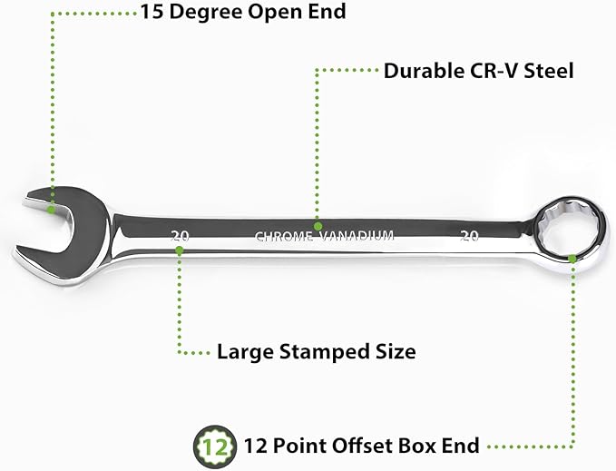 20mm Wrench, Industrial Grade Spanner, Combination Wrenches Metric with 12-Point Box End, 15-Degree Offset, 20mm Wrenches Chrome Vanadium Steel Mirror Polished