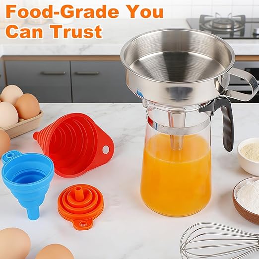 No-Spill Funnel Set with Strainer for Hot Oil,3 Collapsible Silicone Funnels & 1 Stainless Steel Funnel,Food Grade,with Brush,Hook & Storage Bag for Filling Bottles,Liquids,Dry Ingredients