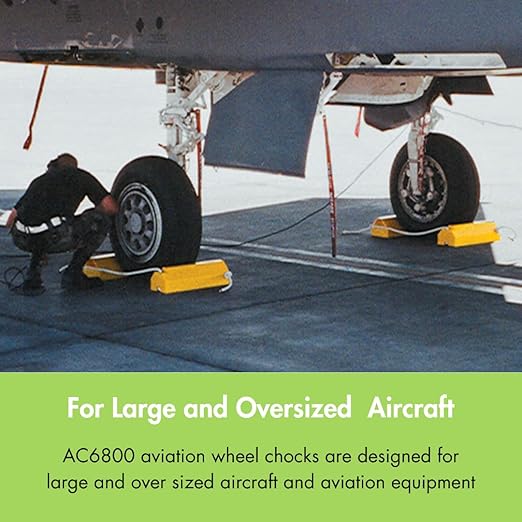Checkers 20" Airplane Chocks, Aviation Wheel Chocks for Large and Oversized Aircraft, One Tire Chock for Polished Hangar Floors with Locking Rope and Handle, Durable Urethane, Yellow, AC6820-LR-RP-H