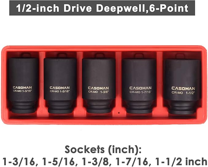CASOMAN 1/2-Inch Drive Deep Spindle Axle Nut Impact Socket Set, 1/2" Drive Deep Impact Socket Set, Inch, Cr-Mo, 6-Point, 1-3/16-Inch - 1-1/2-Inch, 5 Piece Axle Socket Set
