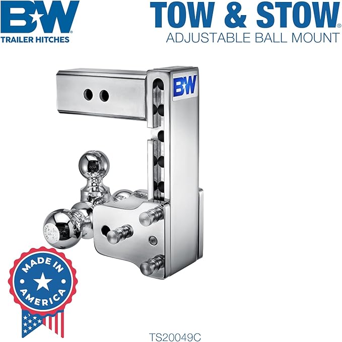 B&W Trailer Hitches Chrome Tow & Stow Adjustable Trailer Hitch Ball Mount - Fits 2.5" Receiver, Tri-Ball (1-7/8" x 2" x 2-5/16"), 7" Drop, 18,000 GTW - TS20049C