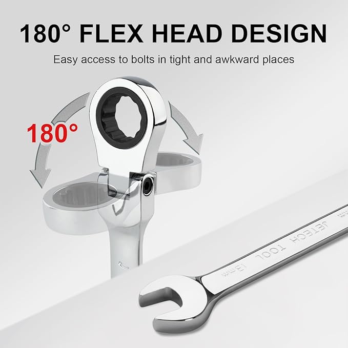 Jetech 13mm Flex-Head Ratcheting Combination Wrench, Premium Industrial Grade Spanner 72-Tooth Cr-V Steel - 180 Degree Flexible Box End Perfect for Tight Spaces, Auto & DIY Repair