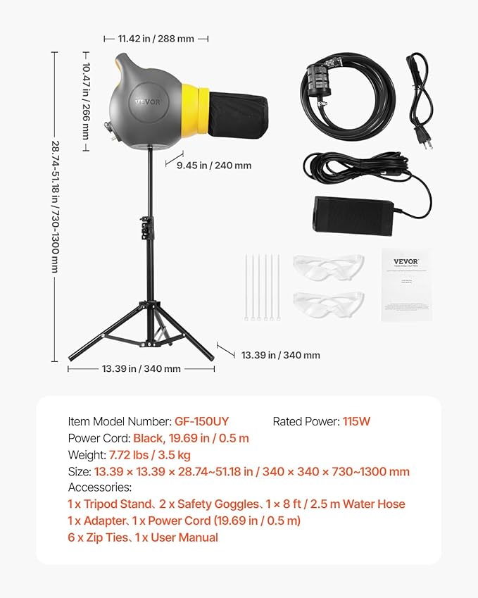 VEVOR Foam Machine, 115 W Party Foam Cannon, Portable Foam Maker with a Tripod Stand, Powerful Foam Party Machine, for Backyard, Pool, Outdoor Events, Birthdays, Celebrations and Party, Grey & Yellow