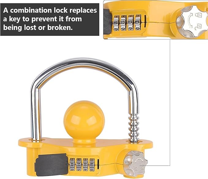 Yellow Trailer Hitch Lock with Combination Lock, fit 1-7/8", 2", 2-5/16" Coupler, Camper Accessories, for Trailer Truck RV SUV Boat (Yellow)