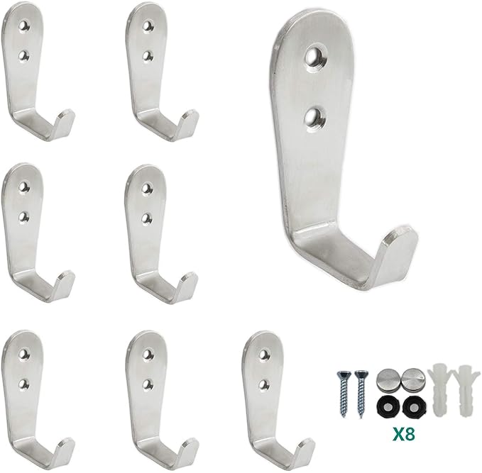 Stainless Steel Coat Hooks, Heavy Duty Metal Hangers for Hanging Towels, Keys, Hats - Kitchen & Bathroom Wall Mounted Indoor/Outdoor Hooks with Installation Screws - 8 Pack