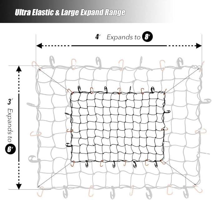 CZC AUTO Bungee Cargo Net 3x4Ft Truck Bed Net Stretches to 6x8Ft for Pickup Trailer RV SUV Boat |3x3Inch Mesh Net Holds Small and Large|12 Tangle Free Carabiners & 12 Plastic Hooks|Super Duty