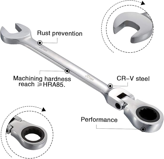KATUR 20mm Ratcheting Wrench Set Flexible Pivoting Head Ratchet Combination Spanner Wrench Chrome Vanadium Steel Metric Tool (20mm)