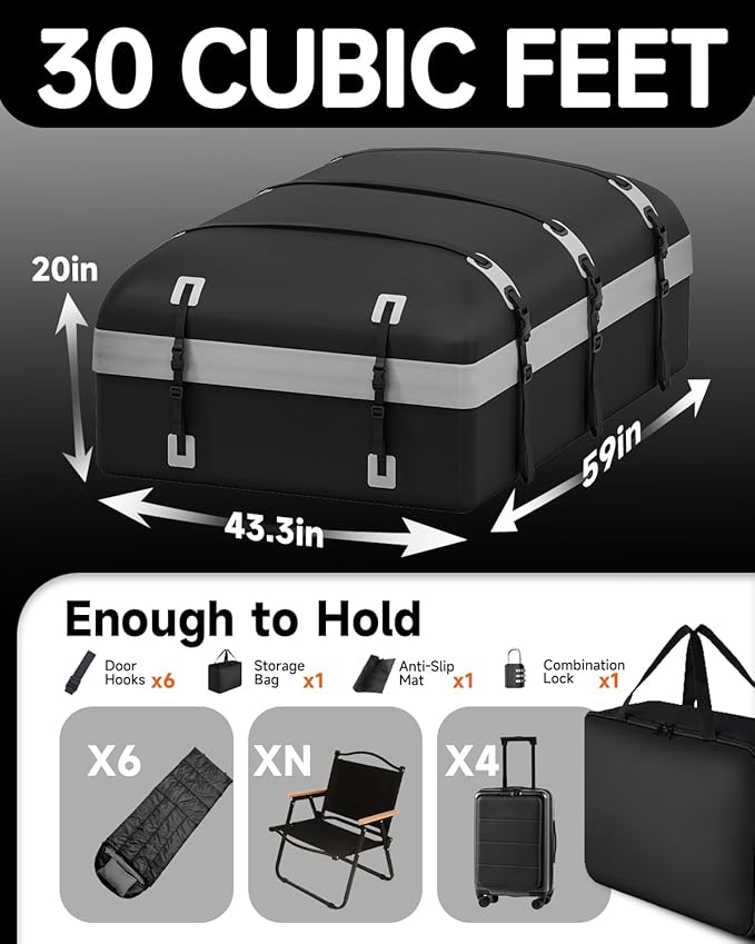 Car Rooftop Cargo Carrier Bag 30 Cubic Feet, Soft-Shell Luggage Cargo Bag Waterproof Bag, Include 2 Reinforced Straps, 6 Door Hooks, Anti-Slip Mat, Luggage Lock