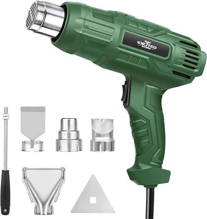 Excited Work 1500W Heat Gun, Fast Heat Hot Air Gun Kit with 662℉ & 1022℉ Dual-Temperature Settings, 4 Nozzles for Shrink Wrapping, Stripping Paint, Resin, Crafts