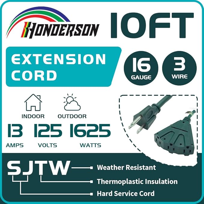 3-Outlets Indoor Outdoor Extension Cord Weatherproof, UL Certified, 16 Gauge 10FT Green 3 Prong Heavy Duty, 16/3 SJTW 13A Power Cord