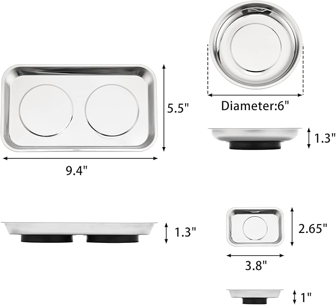 Mayouko 3PCS Magnetic Parts Tray Set, Stainless Steel Dish Holder, for Screw, Nuts, Bolts, Small Parts, Round Rectangular Magnetic Parts Dish