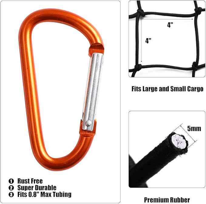 CZC AUTO Bungee Cargo Net 4x6Ft Truck Bed Net Stretches to 8x12Ft for Pickup Trailer RV SUV Boat |4Inch x 4Inch Mesh Net Holds Small and Large|12 Tangle Free Carabiners|Super Duty