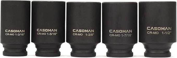 CASOMAN 1/2-Inch Drive Deep Spindle Axle Nut Impact Socket Set, 1/2" Drive Deep Impact Socket Set, Inch, Cr-Mo, 6-Point, 1-3/16-Inch - 1-1/2-Inch, 5 Piece Axle Socket Set