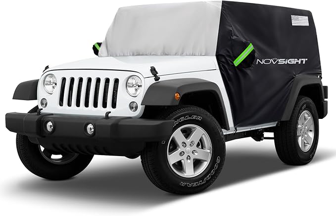 NOVSIGHT Cab Cover for Jeep Wrangler 2 Doors - 2007-2025 CJ, TJ, JK, JL, All Weather Half Car Covers for Wrangler 2 Door with 3 Straps Anti-UV Windproof Rain-Proof Auto Cover with Storage Bag