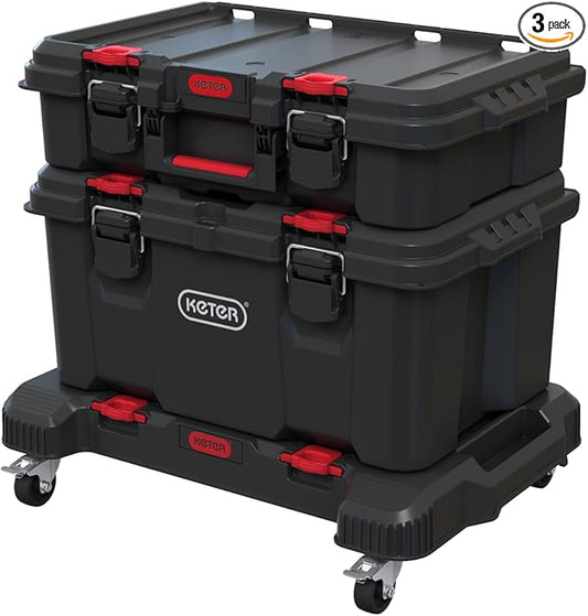 Keter Stack-n-Roll 3-Piece Rolling Tool Storage System – Includes Dolly, Tool Box & Deep Power Tool Case | Modular Mobile Tool Organizer | Stackable Design for Garage, Jobsite & Workshop