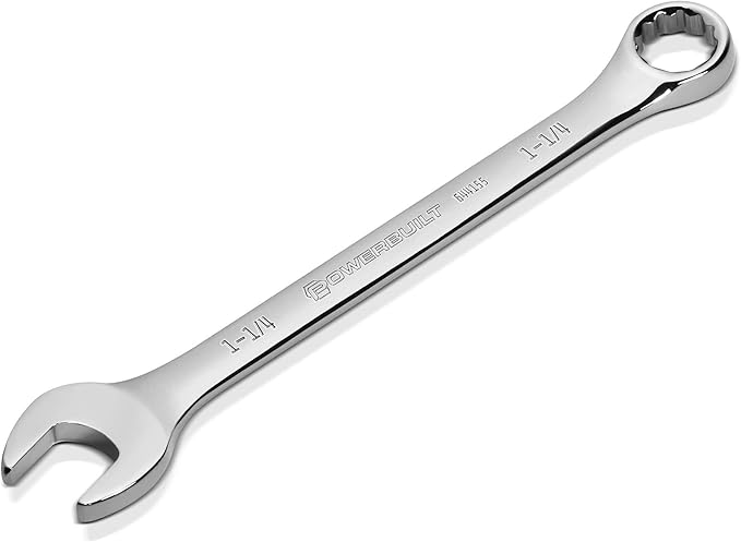 Powerbuilt 1-1/4 inch SAE Combination Wrench, 12 Point Double Ended Box and Open End, 15 Degree Offset Polished 644155
