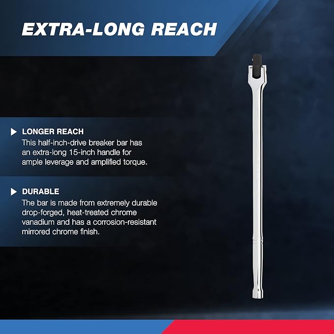 NEIKO 00206A 1/2" Breaker Bar, 1/2-Inch Drive 24-Inch Breaker Bar, Flex Head Chrome-Moly Cr-Mo, Lug Nut Wrench, Tire Bar, Cheater Bar