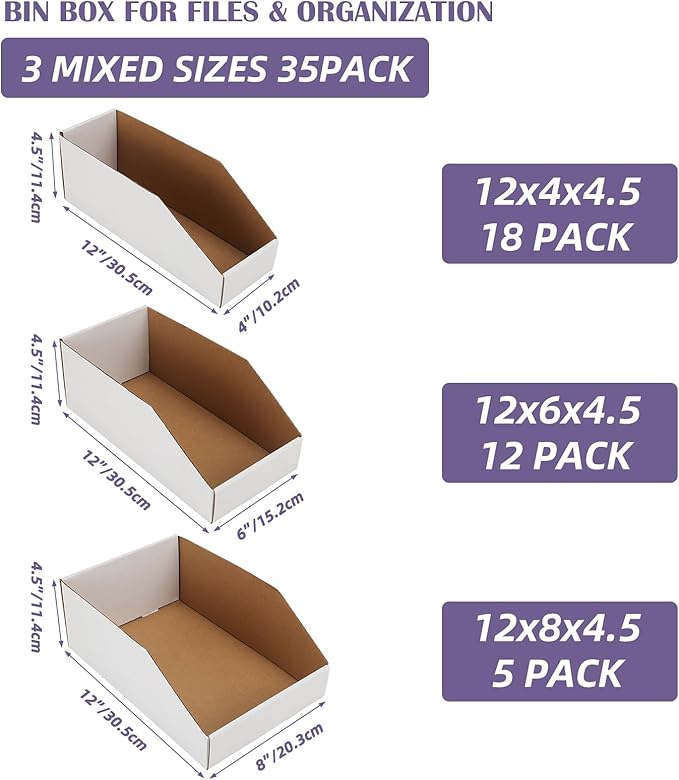 EXYGLO Cardboard Storage Bins Assorted Sizes, 35 Mixed Pack Cardboard Boxes,18 Pack 12x4x4.5, 12 Pack 12x6x4.5, 5 Pack 12x8x4.5 Corrugated Organizer Bins for Pantry, Shelves, Garage, Office, Shop