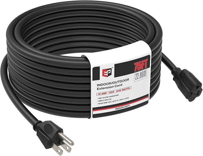 EP 75FT Black Outdoor Extension Cord, 16/3 SJTW Heavy Duty Waterproof, 3 Prong Grounded Plug, 13A 1625W 16AWG, Cold-Resistant Flexible Power Cable for Garden, Home, Christmas Lights