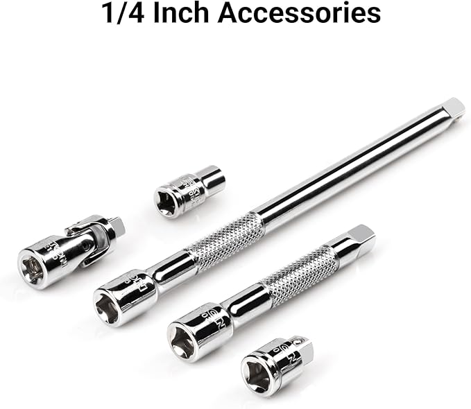 TEKTON 1/4 Inch Drive 6-Point Socket and Ratchet Set with Rails and Trays, 57-Piece (5/32-9/16 in., 4-15 mm) | SKT03301
