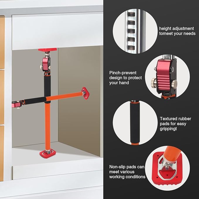 MOETER Adjustable Support Pole, 2 Pack Cabinet Jack Support Pole, 23.6 to 39.4 Inches 3rd Hand Support System, Premium Steel Cabinet Lift Jack, 132 LB Capacity for Cabinet, Cargo Bars, Drywall