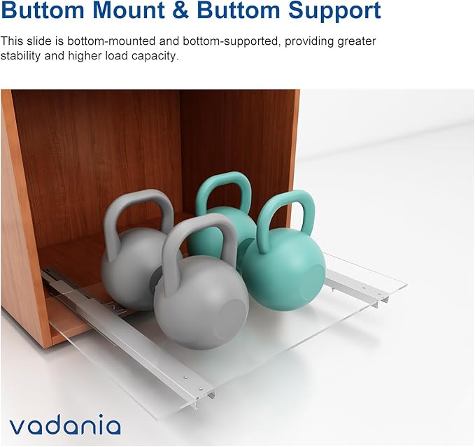 VADANIA 16" Undermount Drawer Slide, Push to Open, Bottom Mounted & Bottom Support, 88 lb Load Capacity, 3-Fold Full Extension, Invisible Drawer Slies,1 Pair(2-Pack)