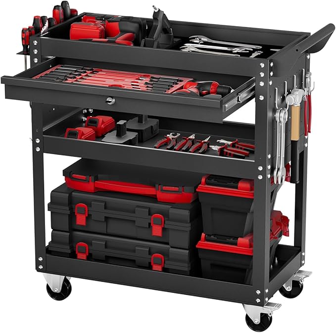VEVOR 4-Tier Tool Cart with Wheels, 350 lbs Load Capacity, Rolling Work Cart with Drawer & Pegboard, Mechanic Tool Storage Organizer with Locking System for Garage, Warehouse and Repair Shop, Black
