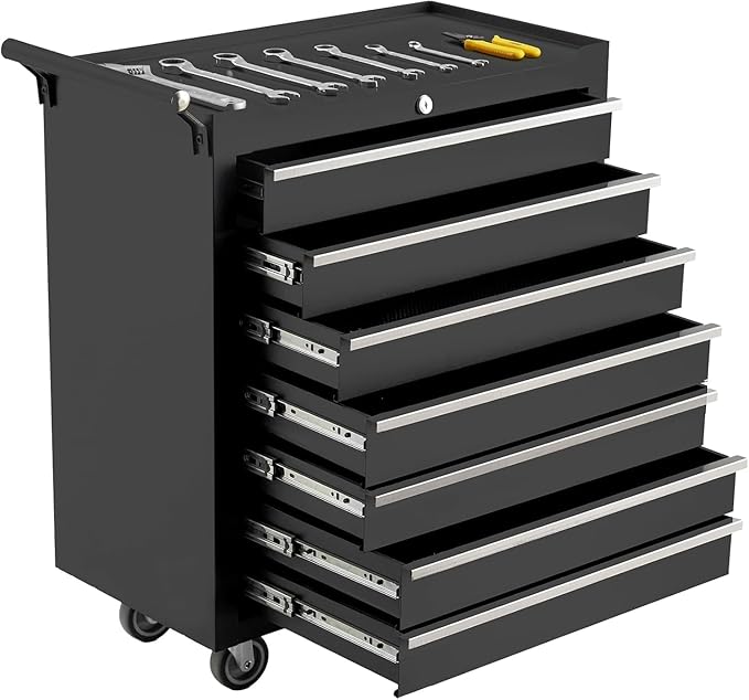 IDEALHOUSE Rolling Tool Chest, 7 Drawers Tool Storage Cabinet, Toolbox with Wheels, Portable Tool Cabinet Organizer with Locking System & Drawer Liners, Tool Storage Cart for Garage, Workshop, Black