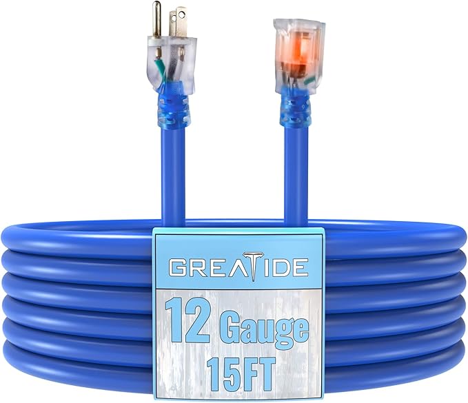 Extension Cord with Lighted End, 12 Gauge Heavy Duty Outdoor Extension Cord 15 FT, 3 Prong Grounded 15 Amp, 12/3 SJTW Waterproof Power Cord for Appliance, Blue