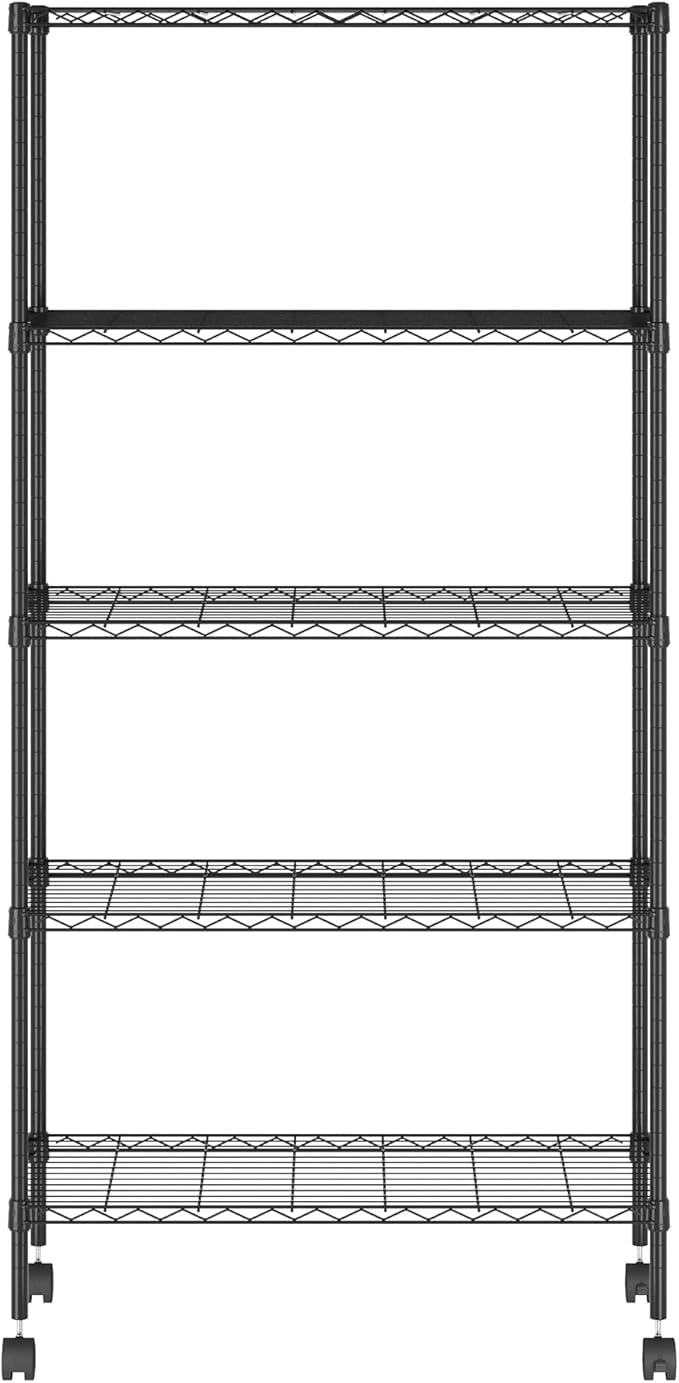 Furinno Wayar 5-Tier Metal Storage Shelf Rack Cart with Casters, 30 x 14 x 58, Black