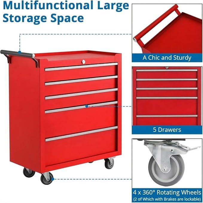 5-Drawer Rolling Tool Chest,Tool Cabinet on Wheels with Keyed Locking System and Drawer Liners,Tool Chest with Link Buckle and Can Be Combined to Large Cabinet Set,for Garage, Warehouse & Repair Shop