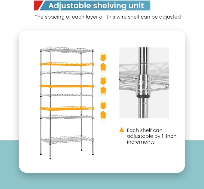 Adjustable NSF-Certified Metal Shelf Wire Shelving Unit Storage for Small Places Restaurant Garage Pantry Kitchen Garage Rack (Chrome, 21.5L x 11.6W x 47.6H)