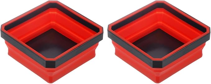 HARFINGTON 2Pcs Collapsible Magnetic Parts Tray Foldable Tool Trays Square Small Metal Parts Organiser for Fixing Screw Bolts Nuts Washers Pins, Red