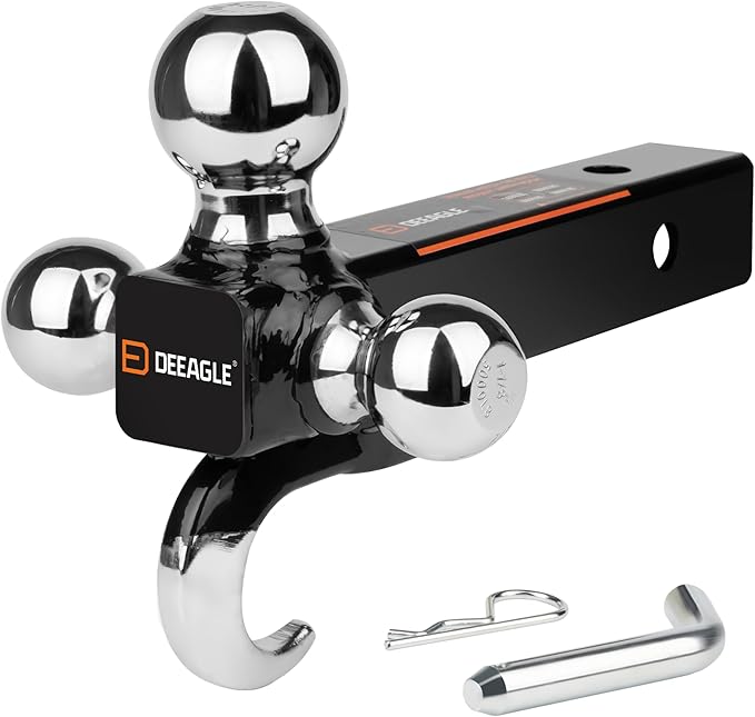 DEEAGLE 3 Ball Hitch with Hook, Tri Ball Hitch, 1-7/8", 2" and 2-5/16" Ball, Fit 2” Hitch Receiver, Heavy Duty Tow Hitch